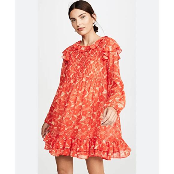 Free People These Dreams Orange & Ivory Floral Boho Long Sleeve Dress Small - Picture 1 of 12